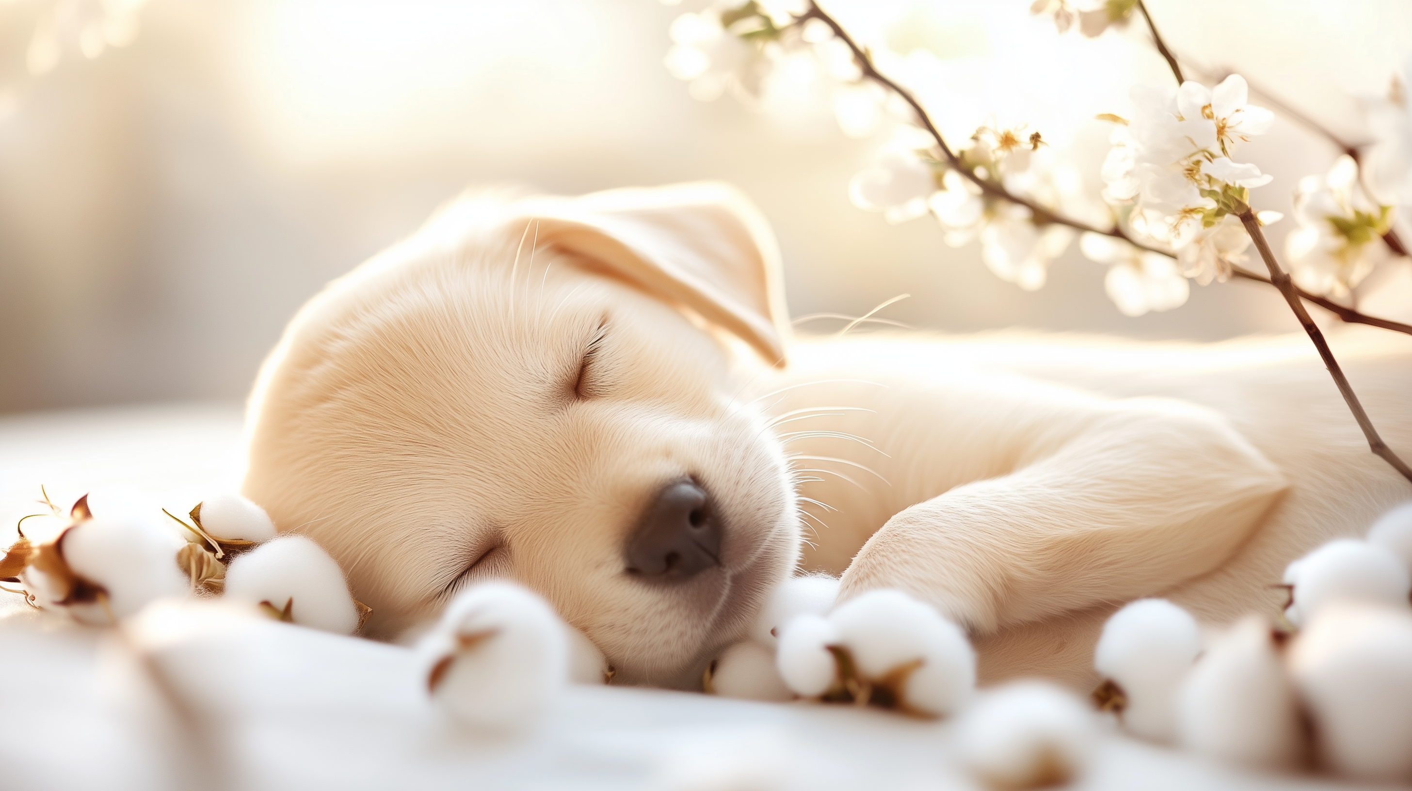 Sleeping puppy surrounded by cotton and flowers